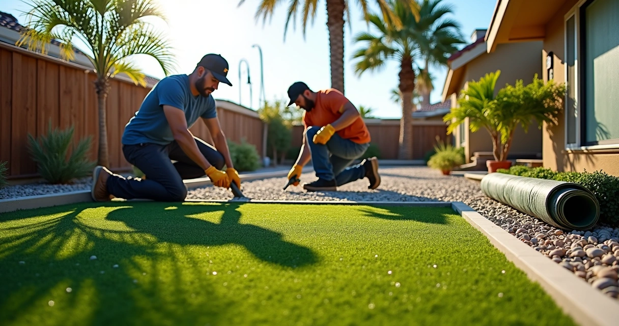 Workers preparing sub-base for artificial turf in backyard