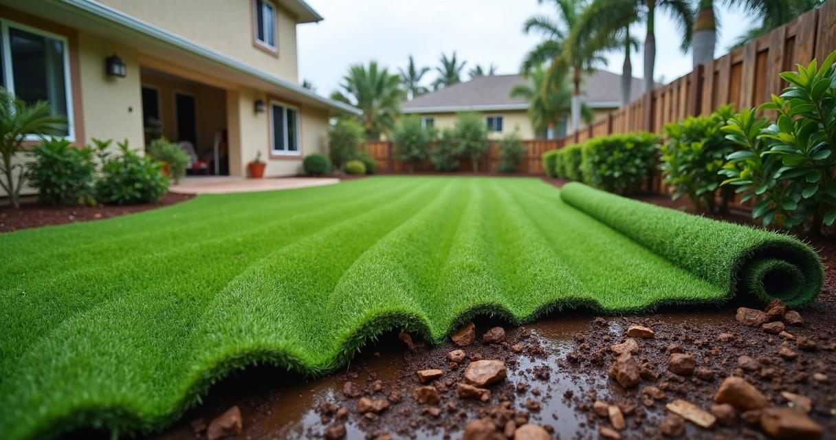 Artificial turf installation next to wet soil after rainfall 