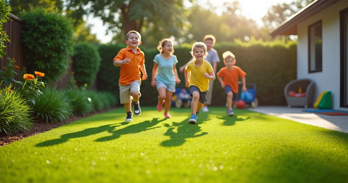 Children playing on artificial turf in Orlando landscape 