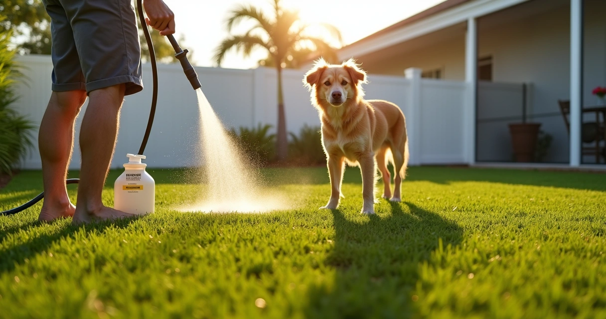 Dog owner cleaning artificial turf backyard with hose and cleaner 