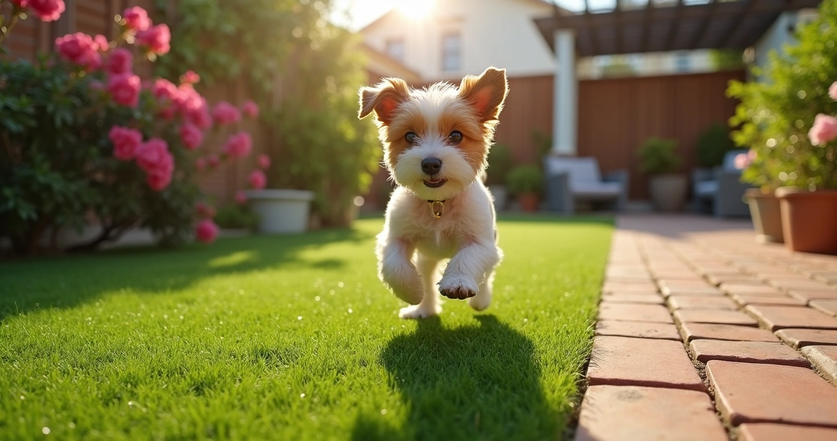 Small dog on artificial turf yard 