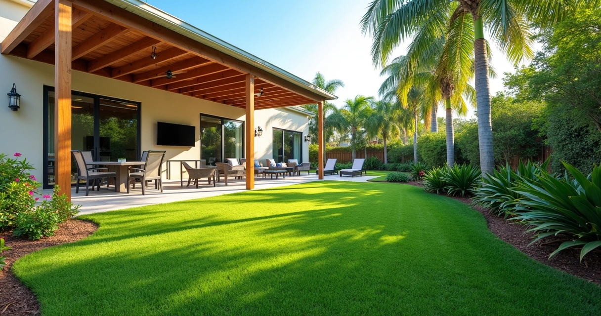 Shaded backyard patio with artificial turf, palm trees, and partial shade from pergola in sunny Florida 