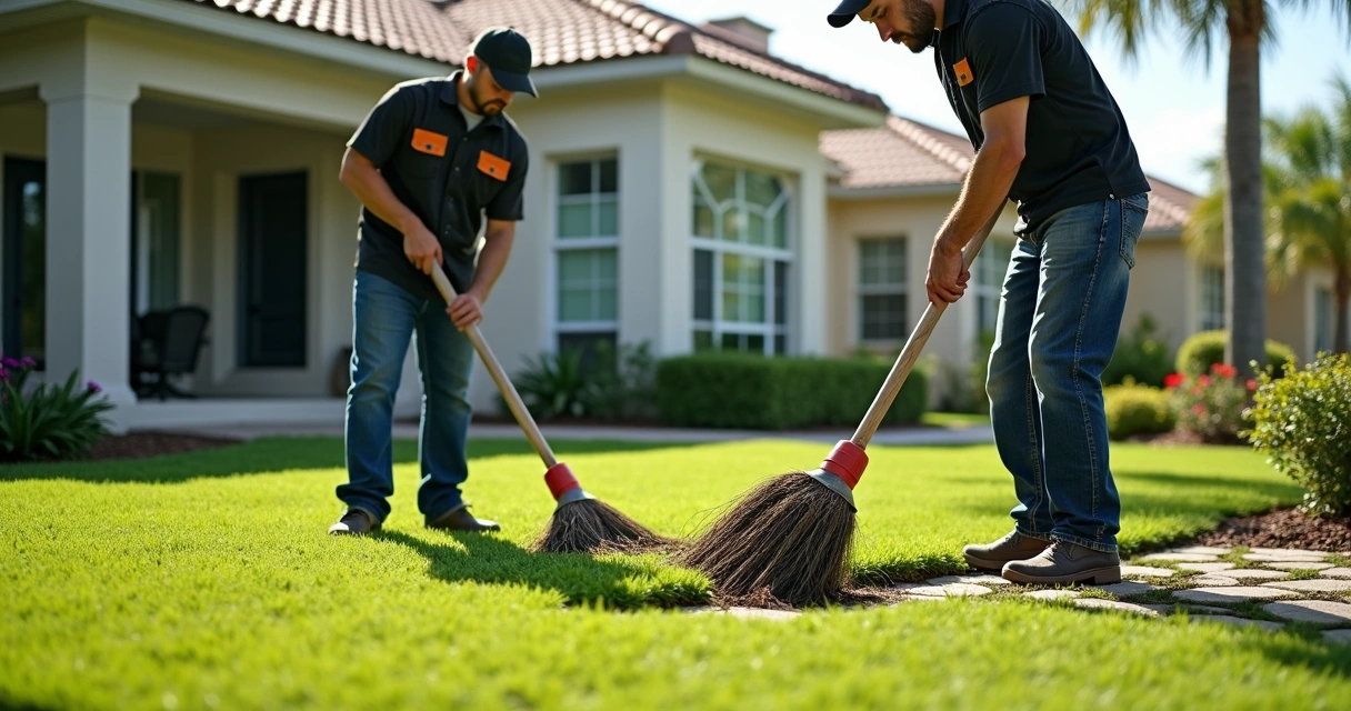 Team maintaining artificial turf drainage in Orlando yard 
