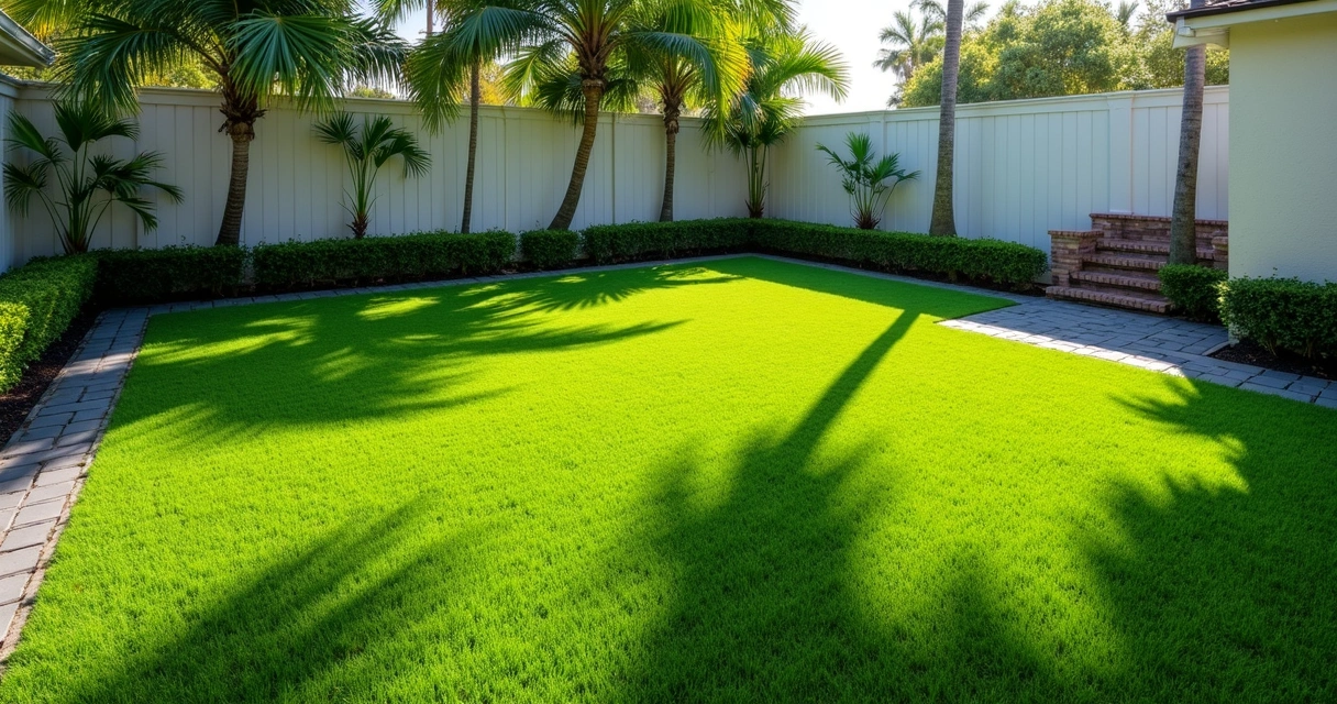 Artificial turf backyard lit by sun, palm trees and fence in the background. 