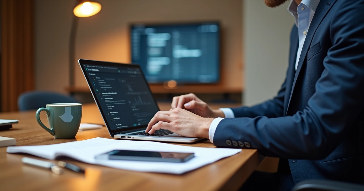 Pessoa escrevendo artigo em notebook com café ao lado 