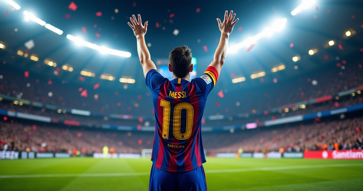 Lionel Messi comemorando gol com torcida ao fundo