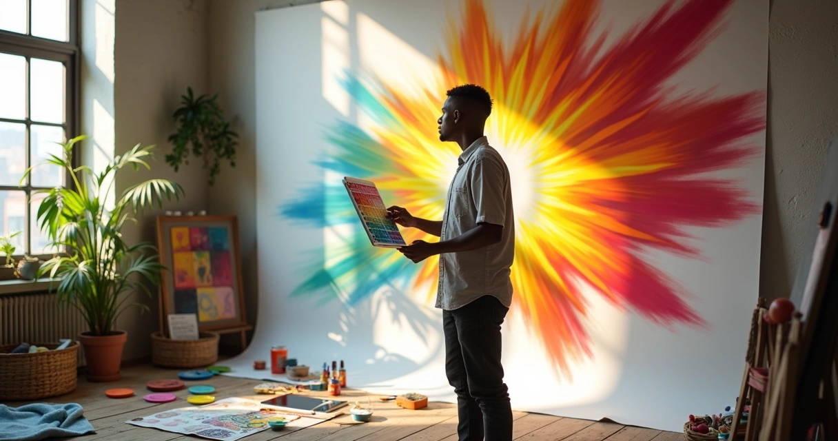 Artista controlando emoções enquanto cria desenho colorido em grande mural 