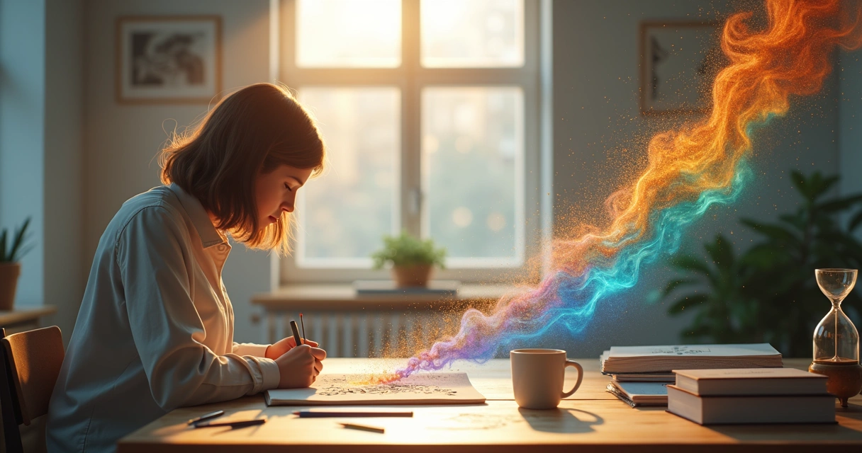 Pessoa desenhando em mesa de trabalho com formas antigas se dissolvendo em luz 