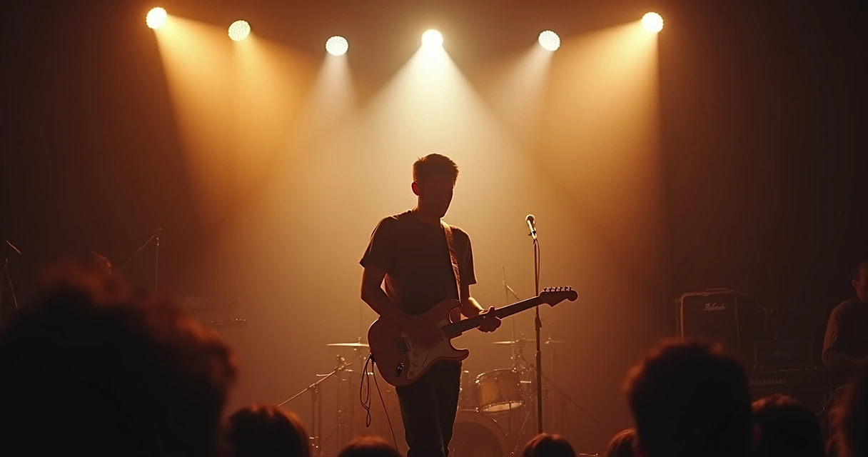 Músico tocando guitarra em palco iluminado 