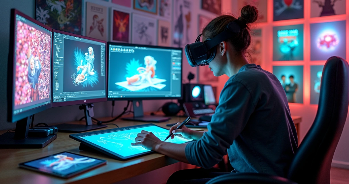 Artista trabalha em obra digital usando computador e tablet 