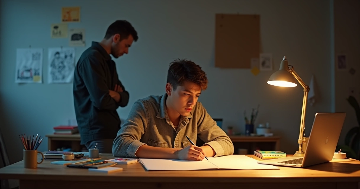 Pessoa criativa dividida entre parceiro tóxico e trabalho artístico 