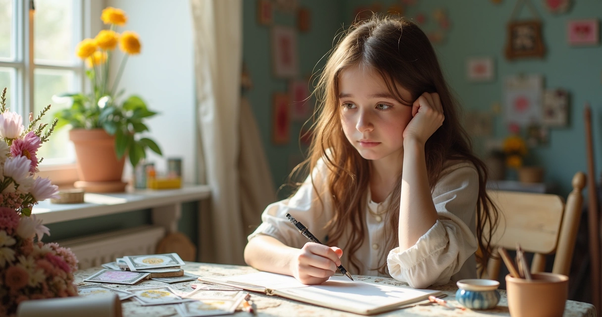 Jovem artista desenhando inspirada por cartas de tarot ao lado 