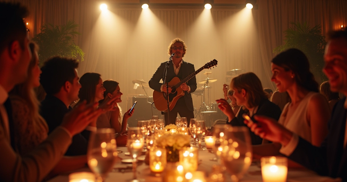 Artista no palco tocando para convidados em evento social 