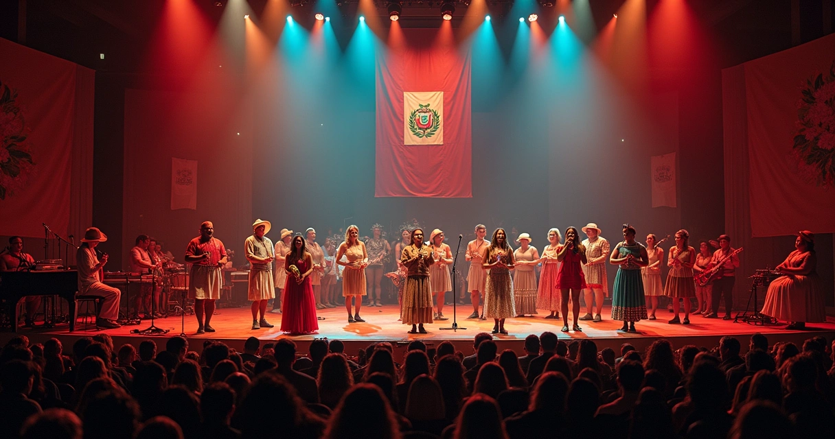 Artistas de diferentes países unidos em uma apresentação cultural no palco