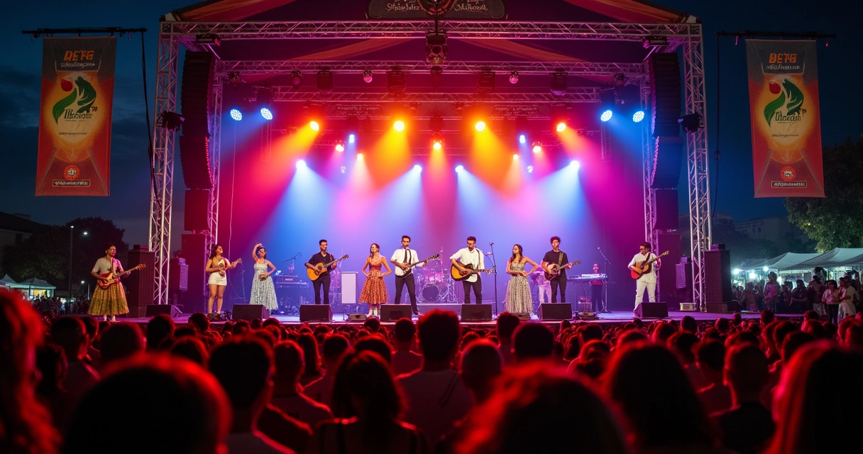 Artistas diversos se apresentando em um palco iluminado em festival baiano 