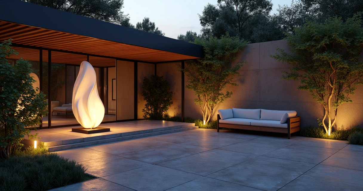 Artistic sculpture lit on a modern patio at dusk 