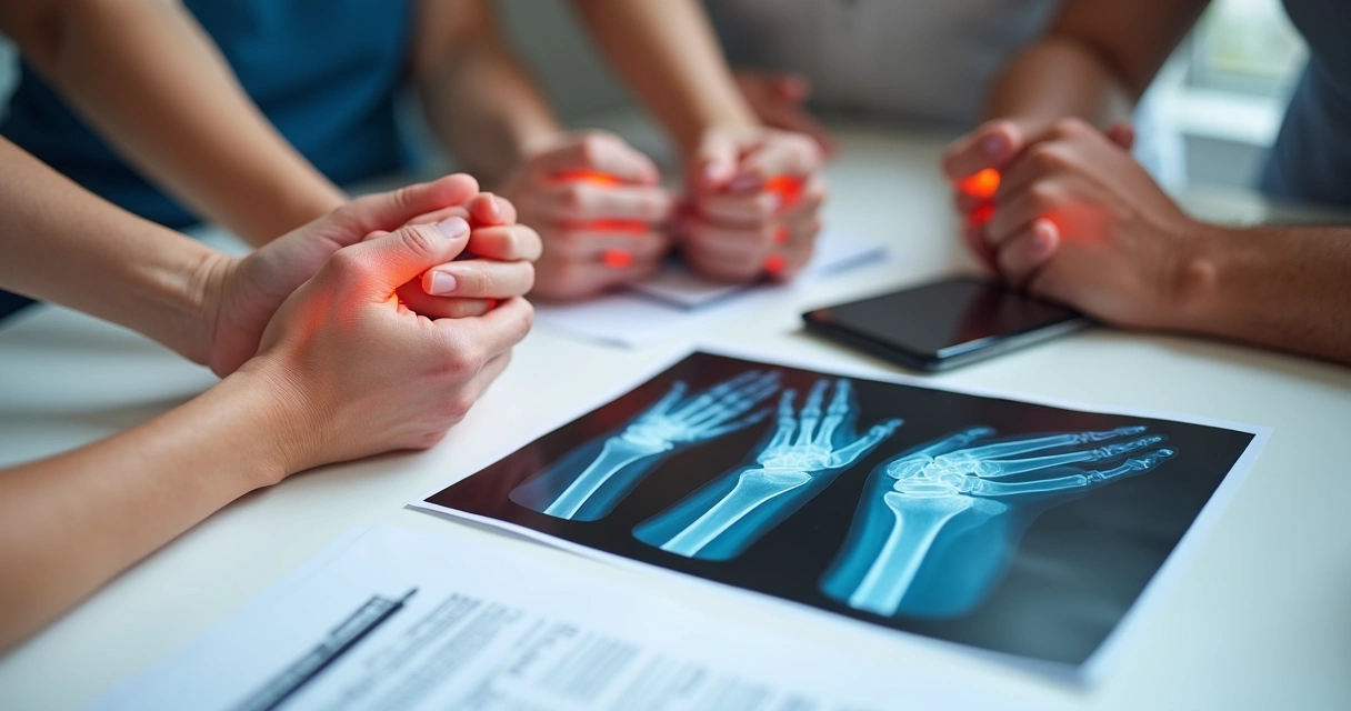 Laudo médico com imagens de articulações de mãos mostrando alterações inflamatórias
