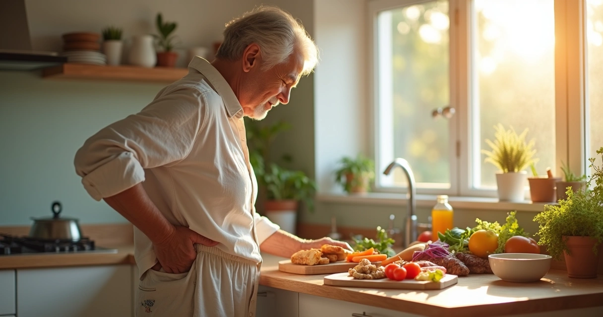 Pessoa madura 50+ olha mesa com alimentos saudáveis de um lado e ultraprocessados do outro enquanto toca o joelho 