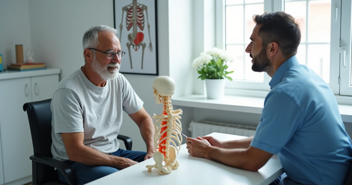 Pessoa madura observando modelo da coluna vertebral com destaque na região lombar dolorida 
