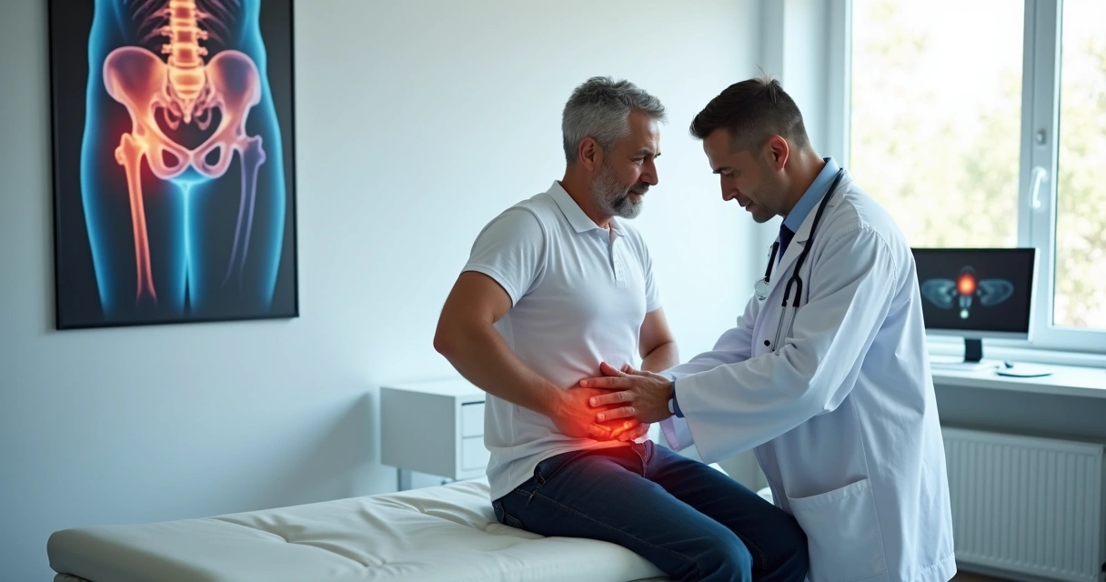 Médico ortopedista avaliando quadril dolorido de paciente em consultório 