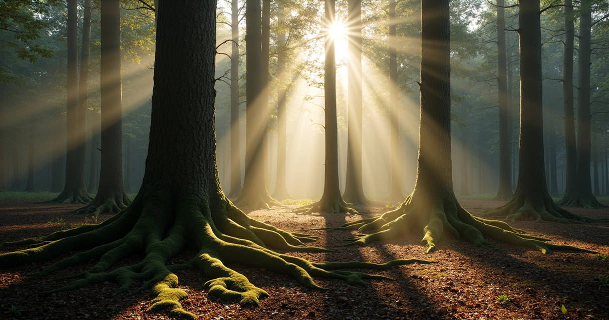 Sol entre árvores altas e raízes visíveis em bosque verde 