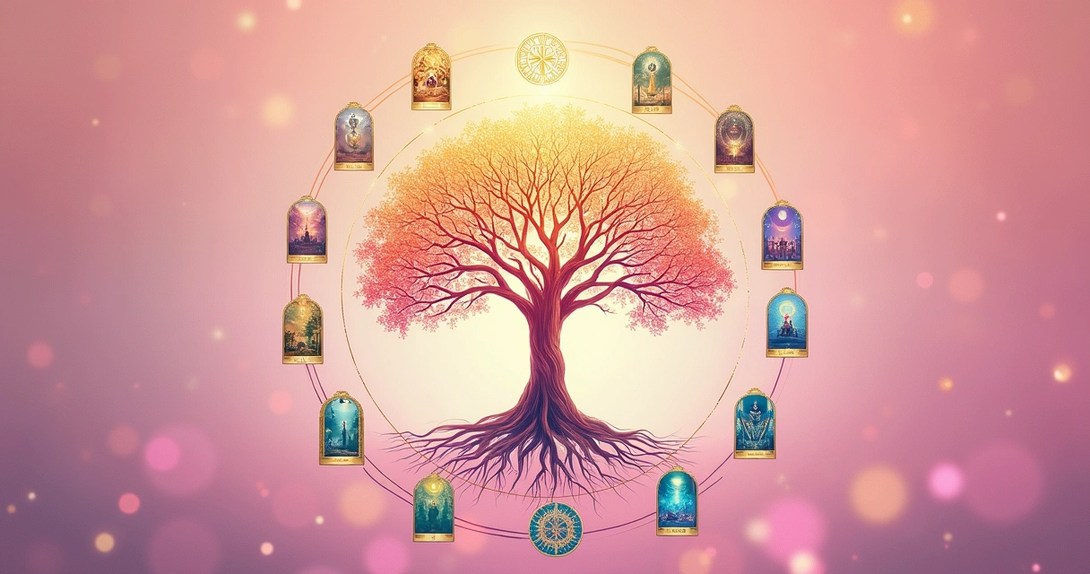 Diagrama colorido da Árvore da Vida com cartas de Tarot ao redor 
