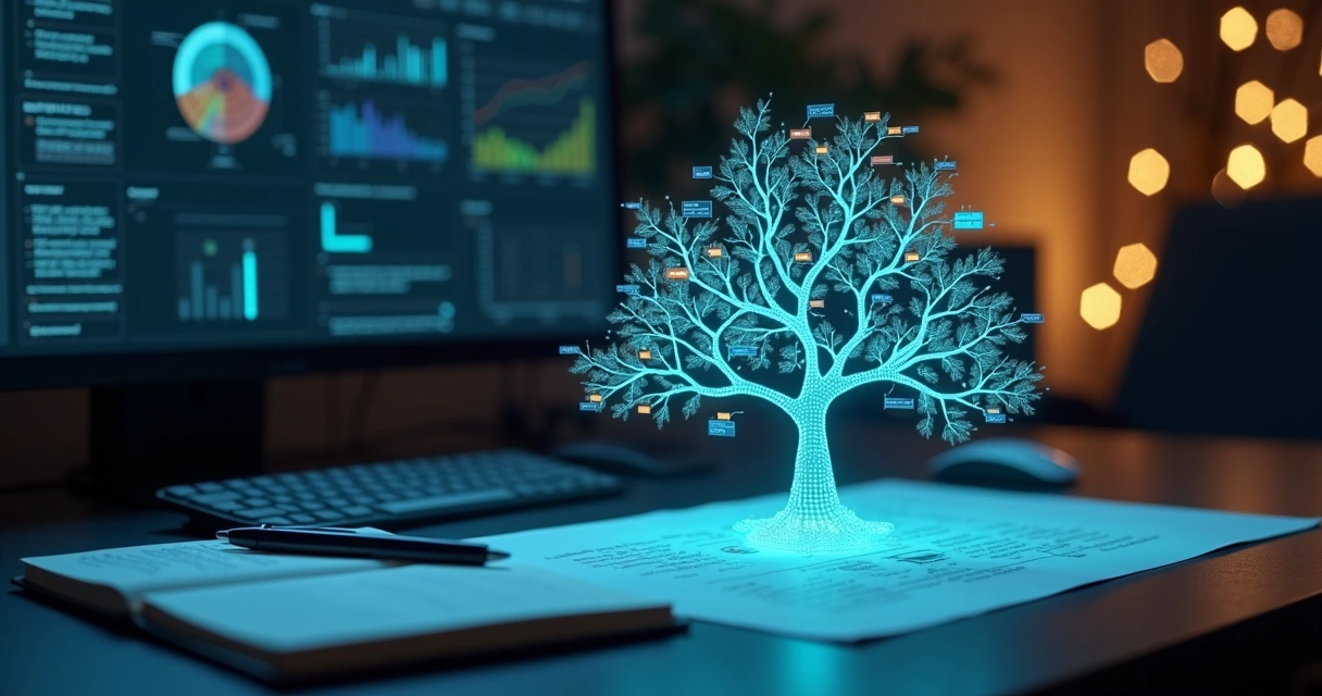 Árvore de decisão translúcida revelando funcionamento interno de modelo de machine learning 