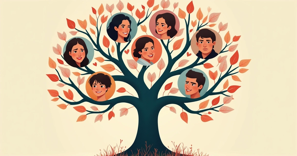 Desenho de uma árvore genealógica com rostos e emoções variadas nos galhos.