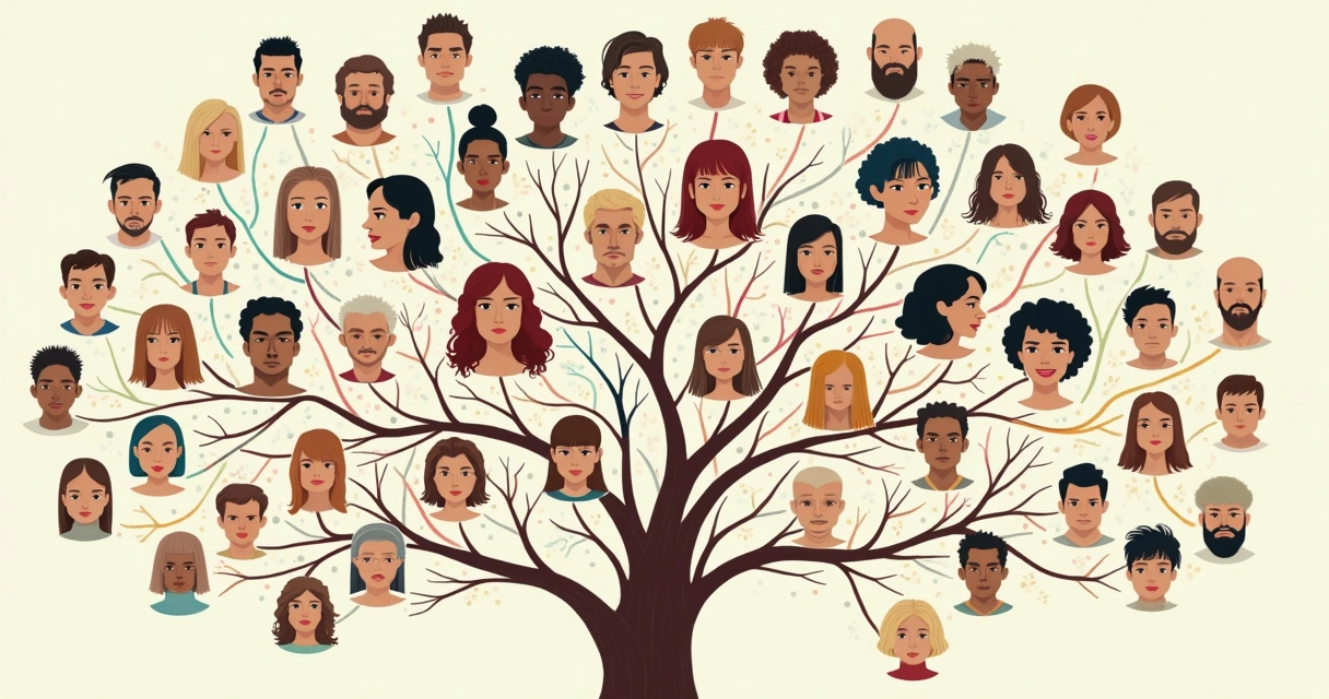 Árvore genealógica com rostos conectados por linhas coloridas 