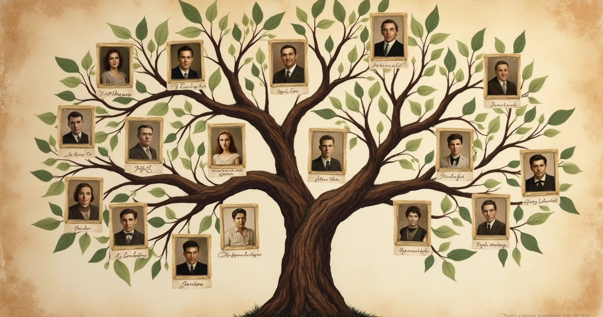 Desenho de uma árvore genealógica com linhas conectando fotos antigas 