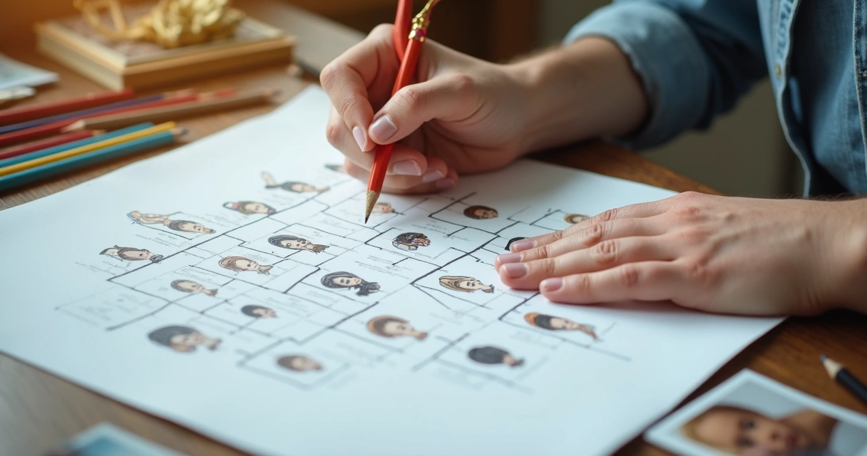 Pessoa desenhando uma árvore genealógica com lápis sobre papel branco 