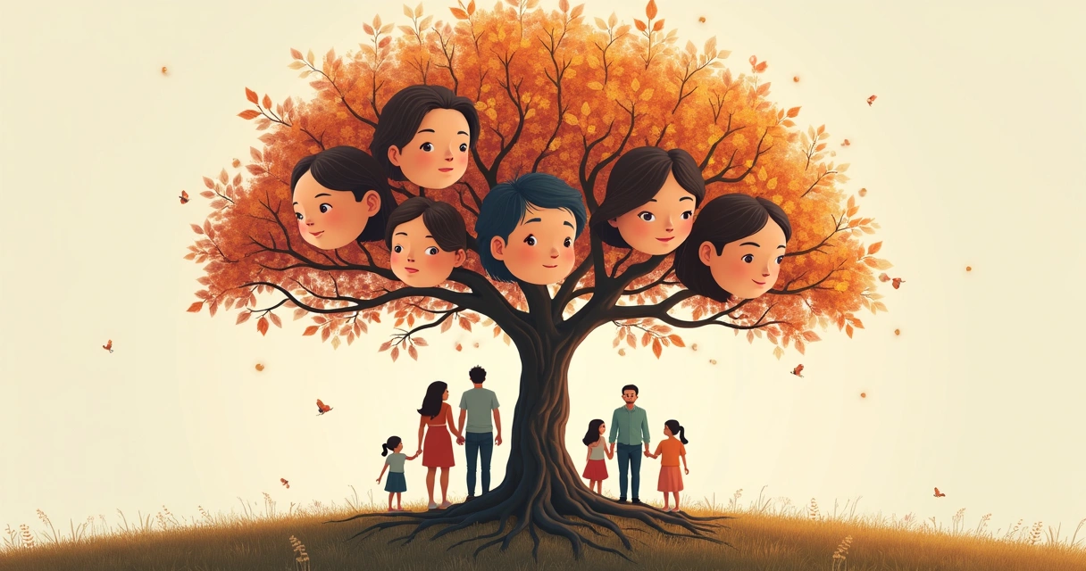 Desenho de uma árvore genealógica com rostos de várias gerações conectados por raízes. 