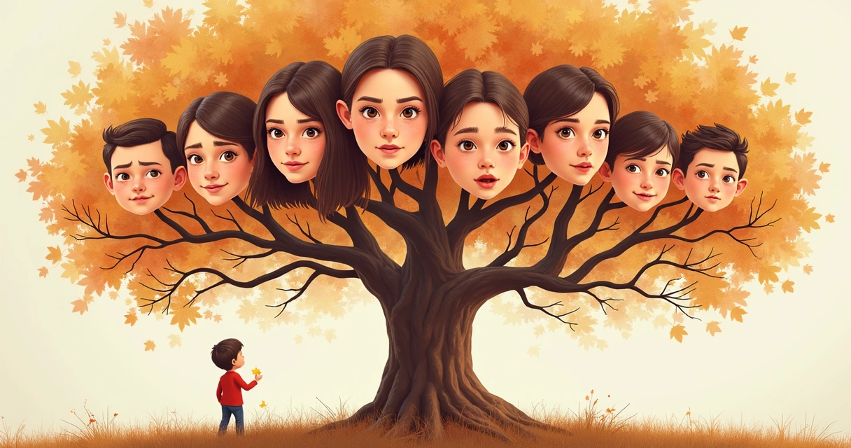 Representação de uma árvore genealógica com fotografias de família interligadas por emoções