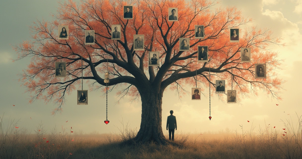 Árvore genealógica estilizada com fotos antigas e símbolos de emoções ao redor 