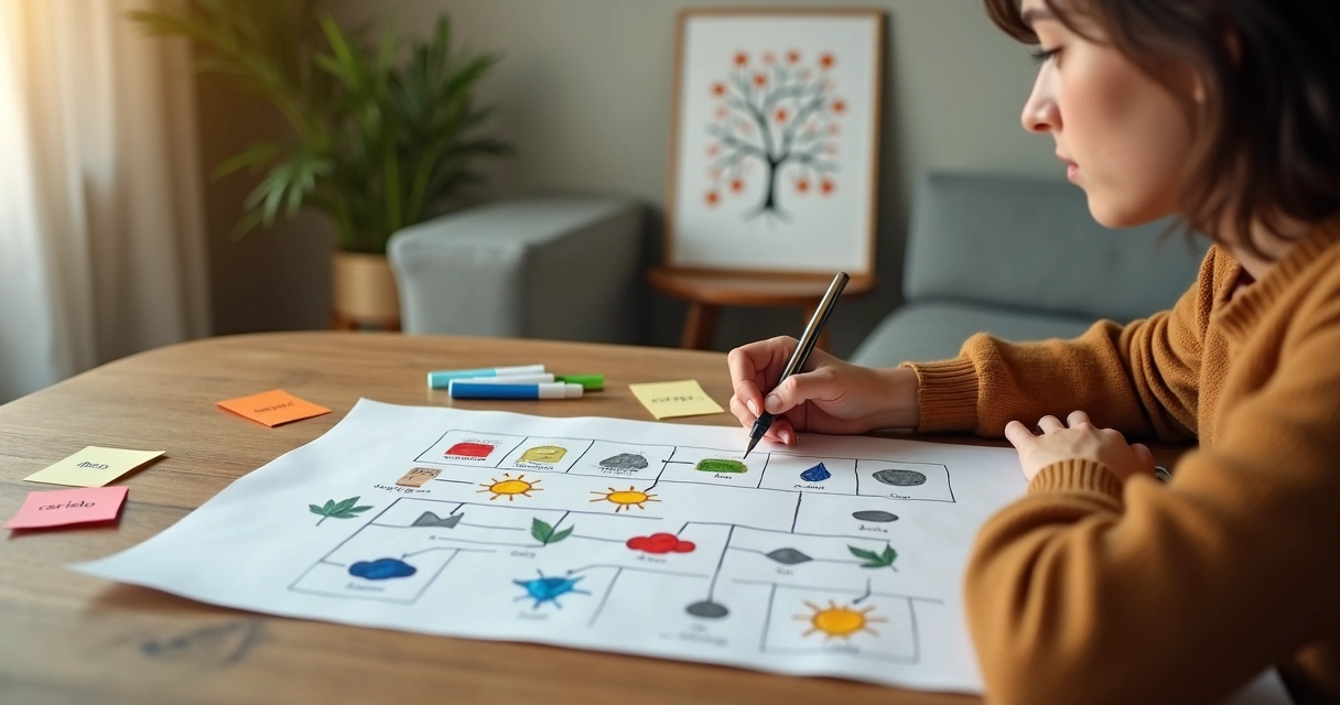 Adulto analisando árvore genealógica com símbolos coloridos de emoções 
