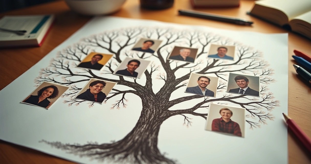 Árvore genealógica desenhada à mão com fotos de família mostrando a conexão de gerações. 