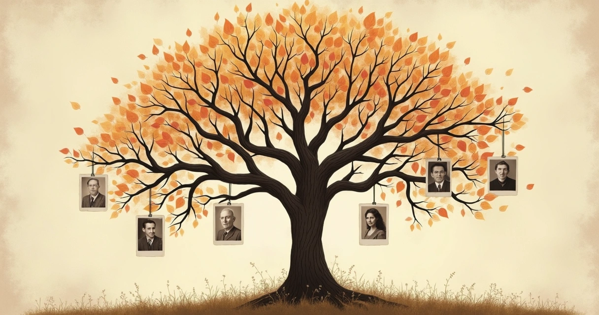 Ilustração de uma árvore genealógica com fotografias antigas 