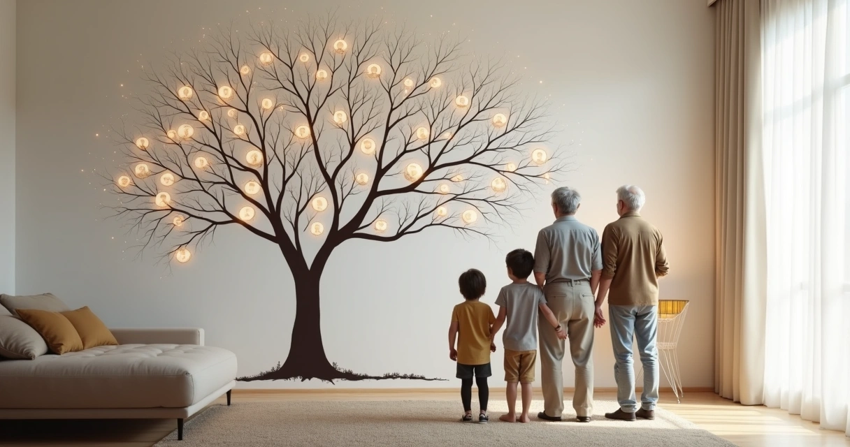 Família observando grande árvore genealógica iluminada em parede branca 