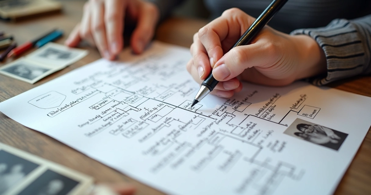 Pessoa escrevendo informações em uma árvore genealógica desenhada em uma folha 