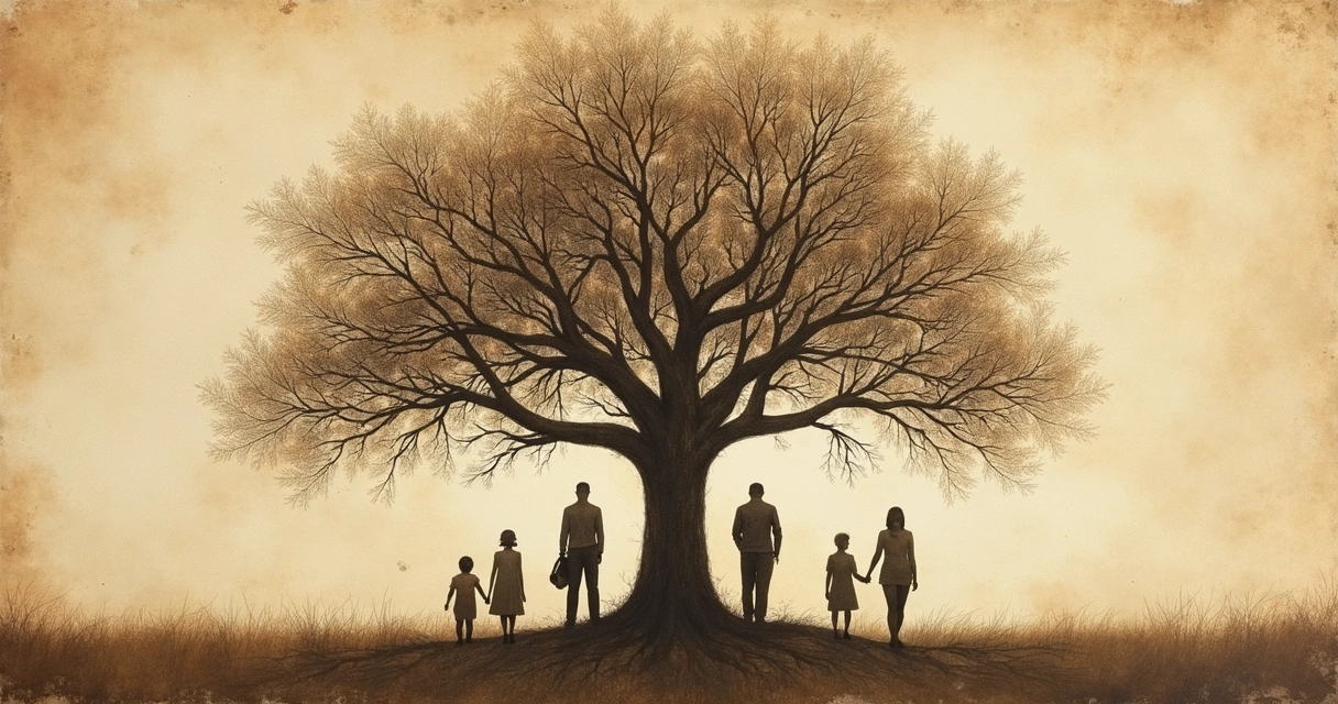 Árvore genealógica desenhada com silhuetas humanas em seus galhos