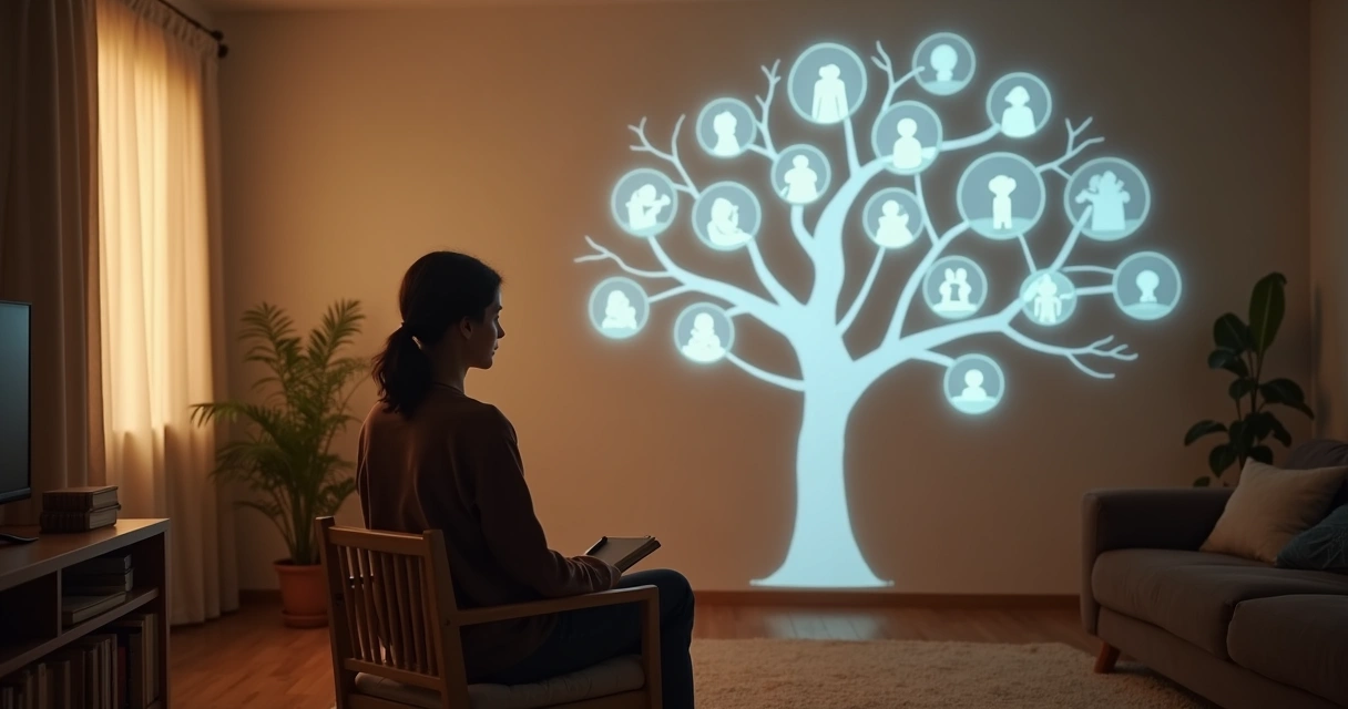 Pessoa analisa árvore genealógica projetada na parede com sombras de familiares 
