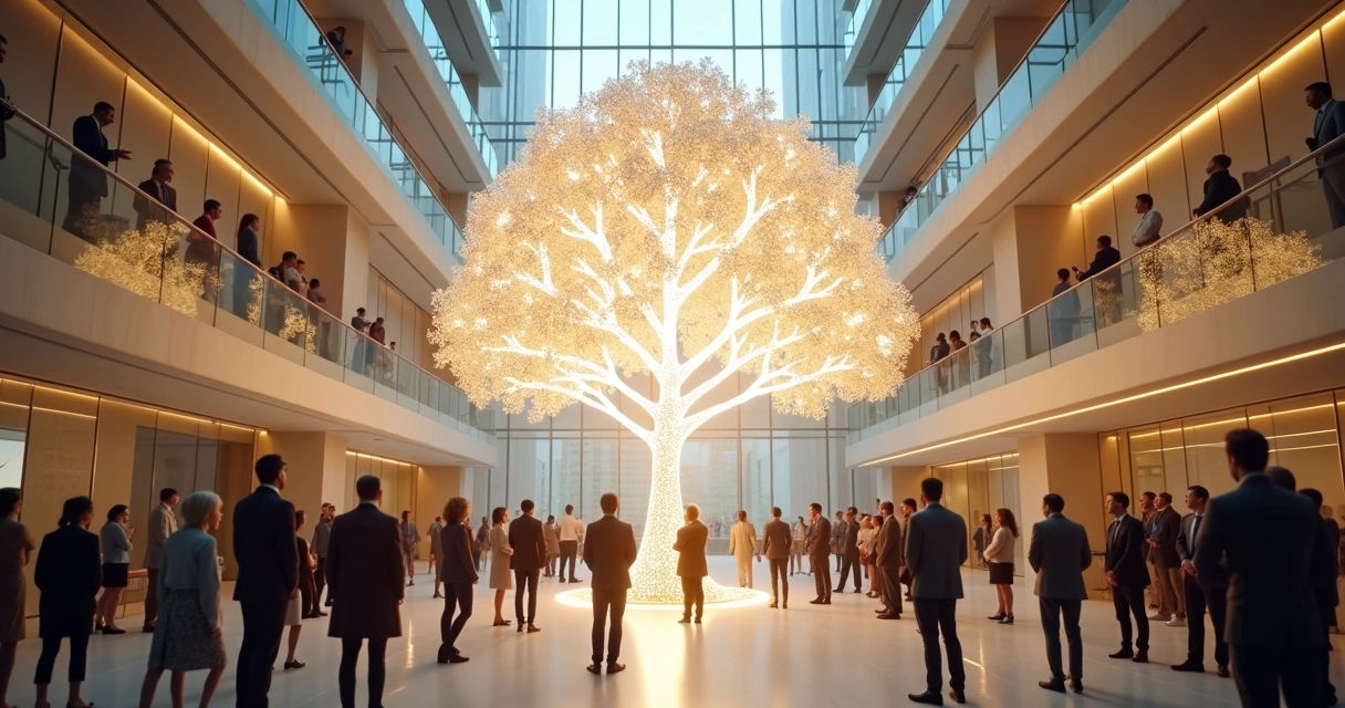 Árvore luminosa feita de ícones humanos no átrio de prédio corporativo 