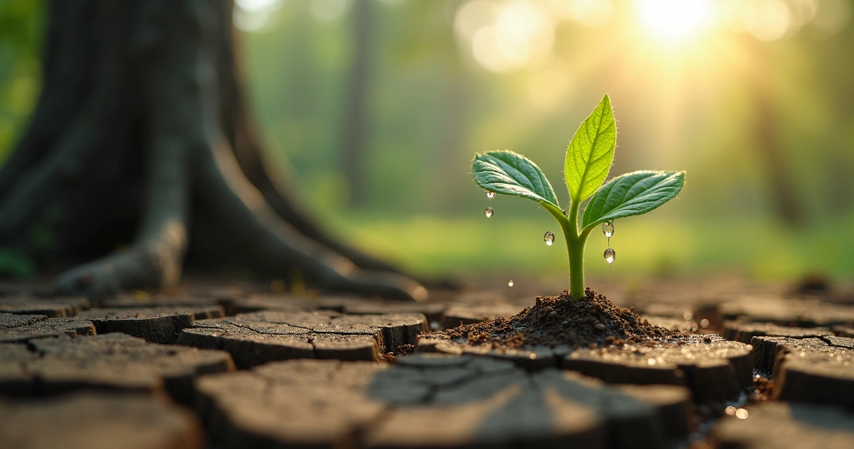 Broto de árvore nascendo do solo seco com gotas de água ao redor.