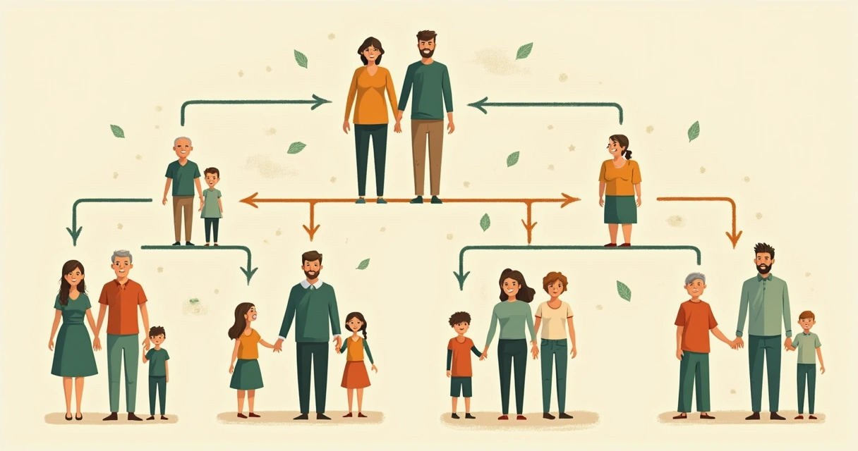 Diagrama de árvore genealógica mostrando padrões comportamentais repetidos entre membros de uma família