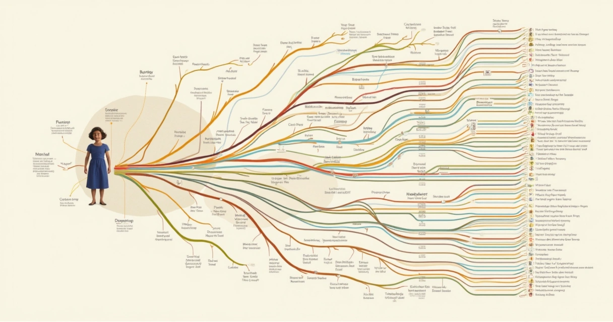 Diagrama de árvore com conexões familiares e linhas coloridas entre pessoas 