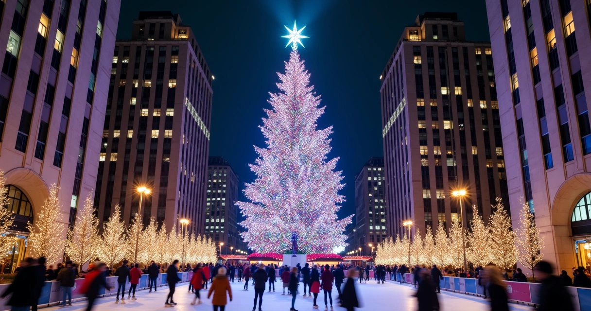 Árvore de Natal do Rockefeller Center iluminada com pista de patinação ao redor e prédios de Nova York ao fundo à noite 
