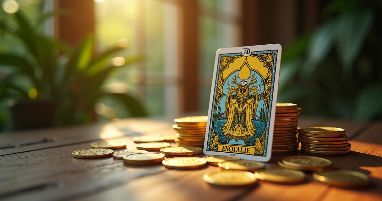 A carta Ás de Ouros do tarot sobre mesa de madeira com moedas ao redor 