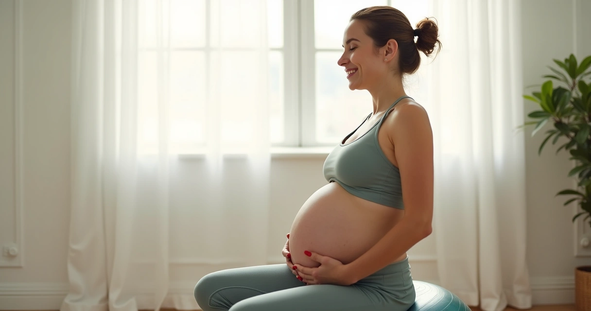 Grávida sentada em bola de pilates fazendo exercício de assoalho pélvico 