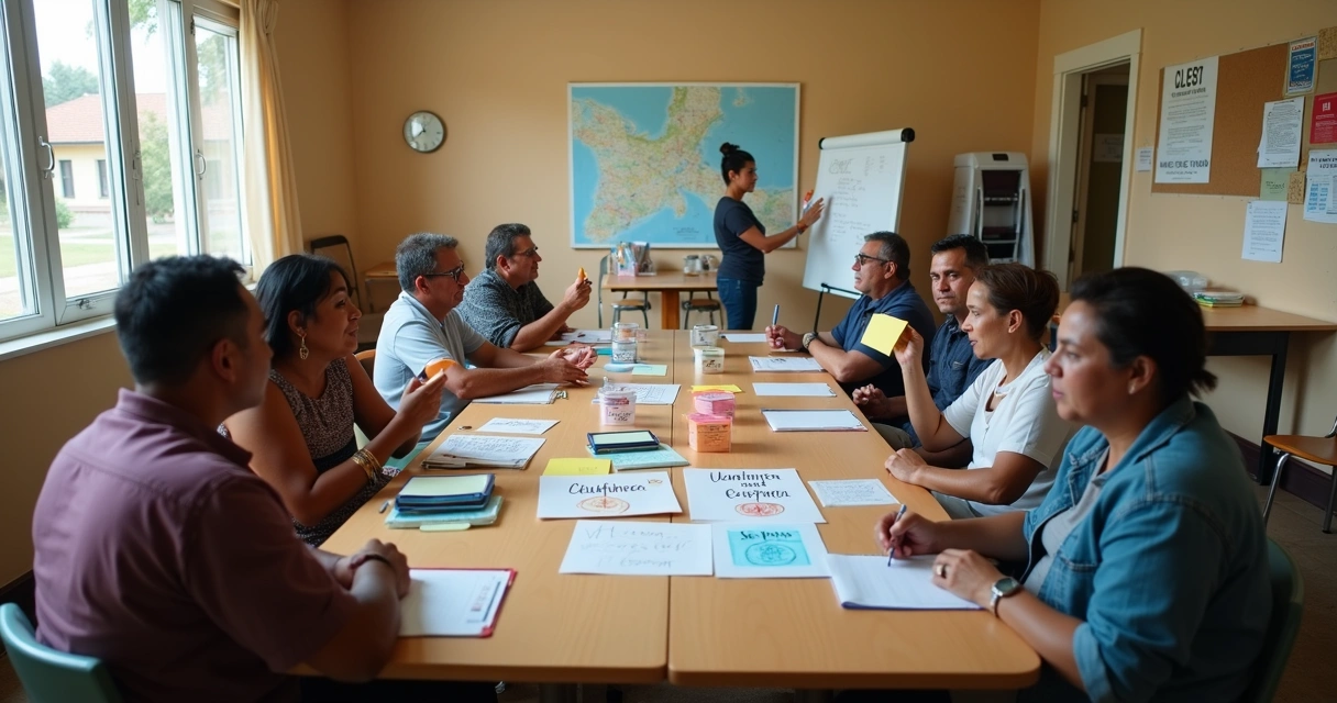 Vecinos en asamblea de barrio levantando tarjetas de colores para expresar emociones 