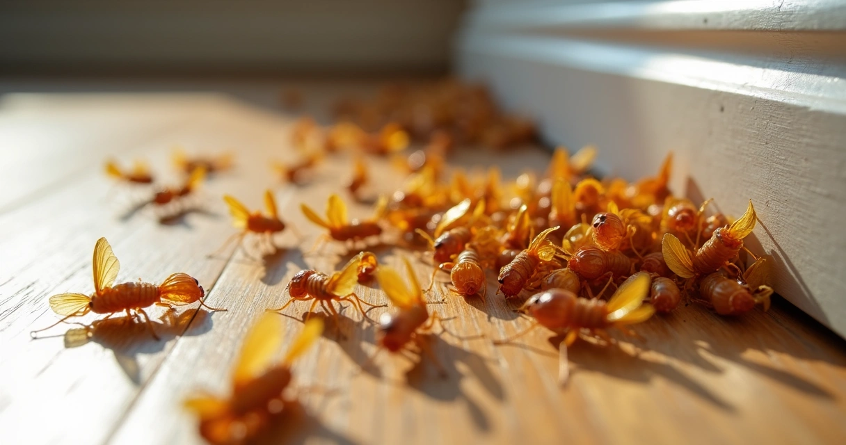 Asas de cupins espalhadas próximo ao rodapé de piso de madeira 